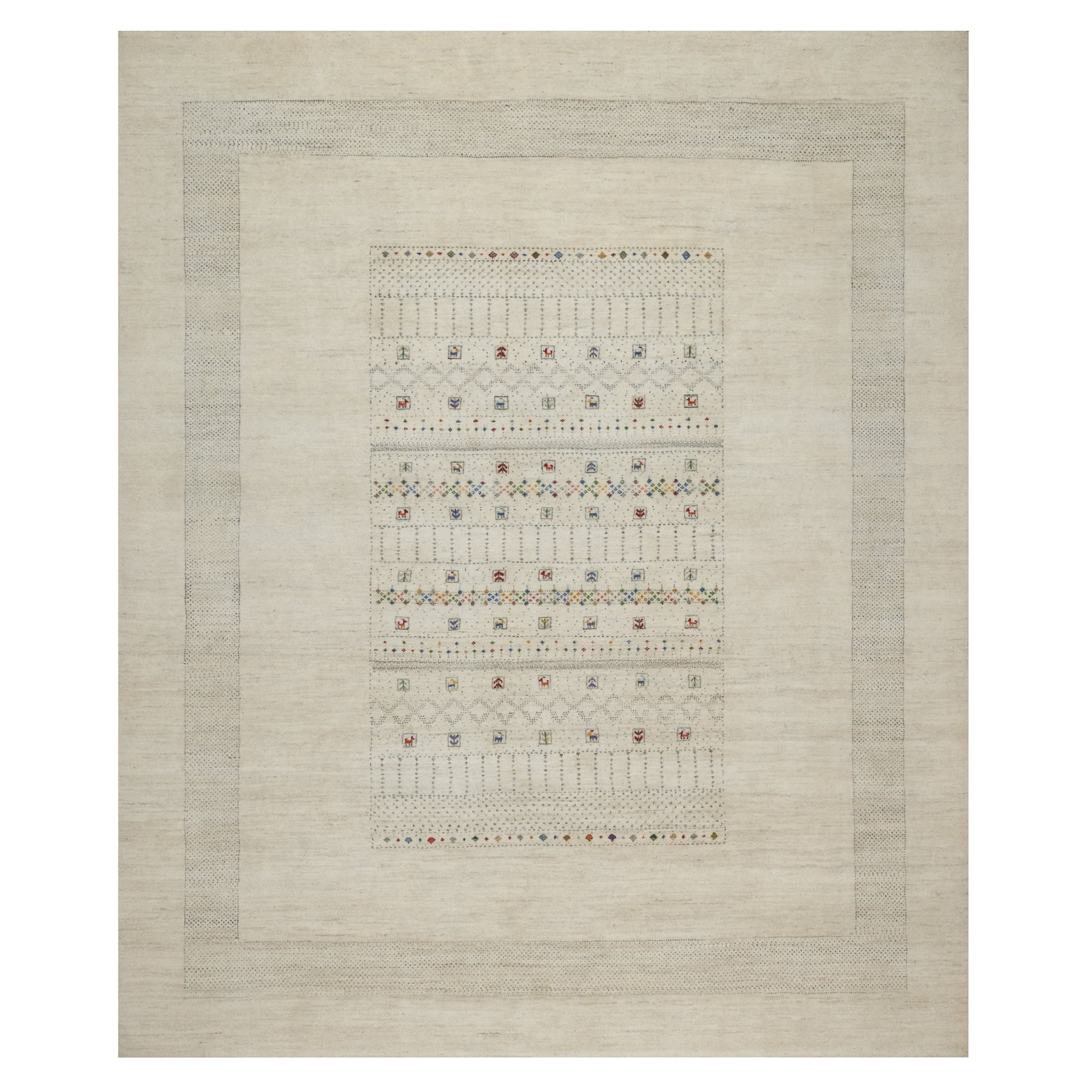 Swan White, Modern, Lori Buft Gabbeh with Small Animal Figurines, Thick and Plush, 100% Wool, Hand Knotted, Oriental Rug